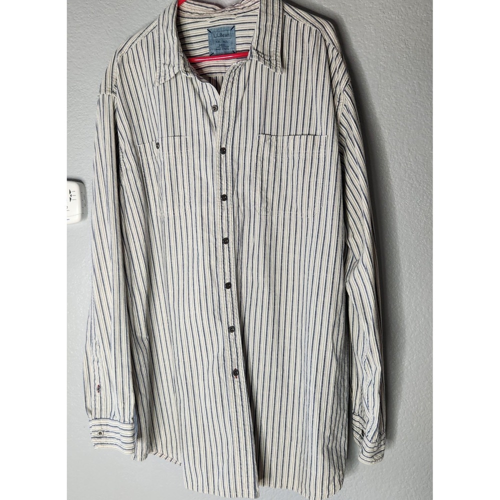 Vtg L.L. Bean Freeport Maine Nautical Hickory Stripe Long Sleeve Shirt XXL Tall